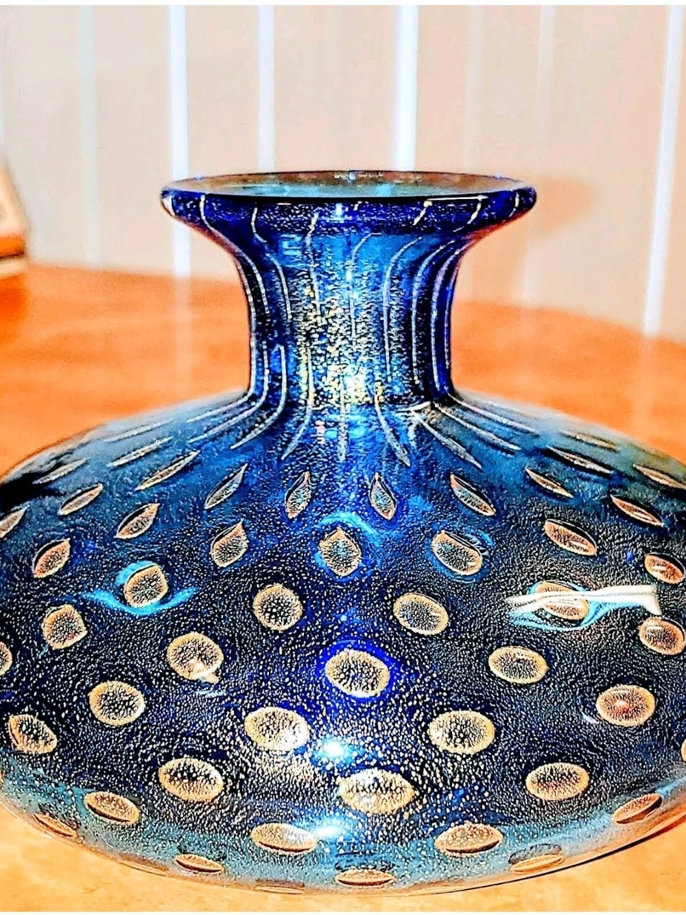 Archimede Seguso Squat Vase Signed Blue and Gold Murano Italy 1980s